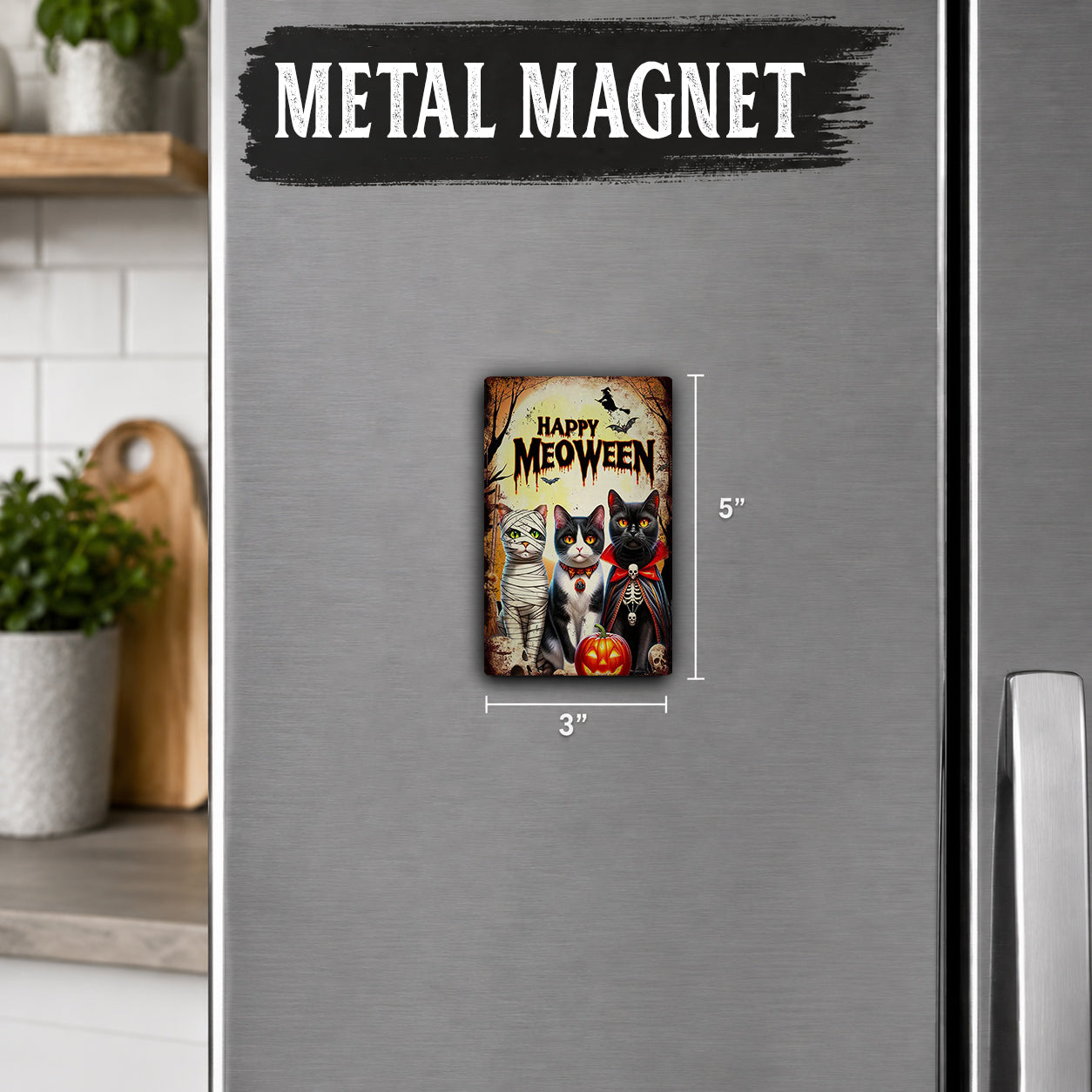 A small Halloween-themed magnet is attached to the refrigerator door, featuring a cat and a pumpkin.
