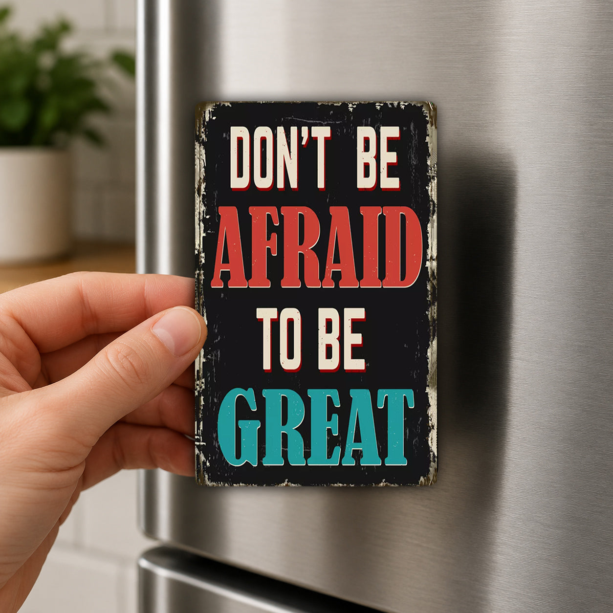 A hand is holding a sign with the text "DON'T BE AFRAID TO BE GREAT" on it.