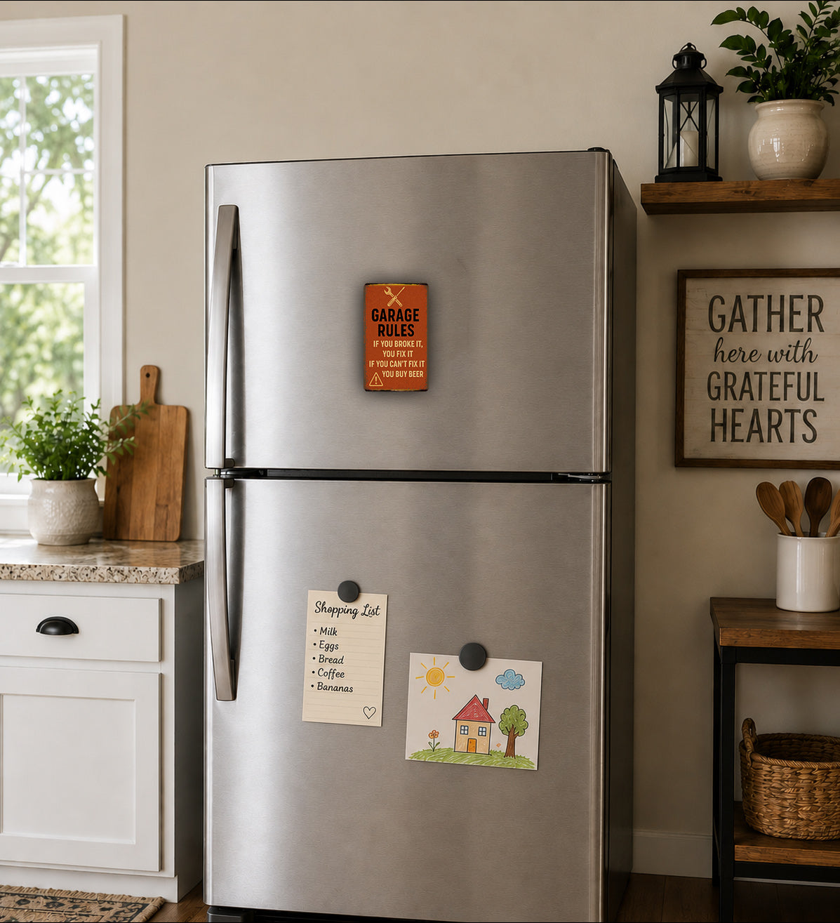 a kitchen with a stainless steel refrigerator, a wooden cutting board, and various kitchen items such as a potted plant, a vase, and a basket.