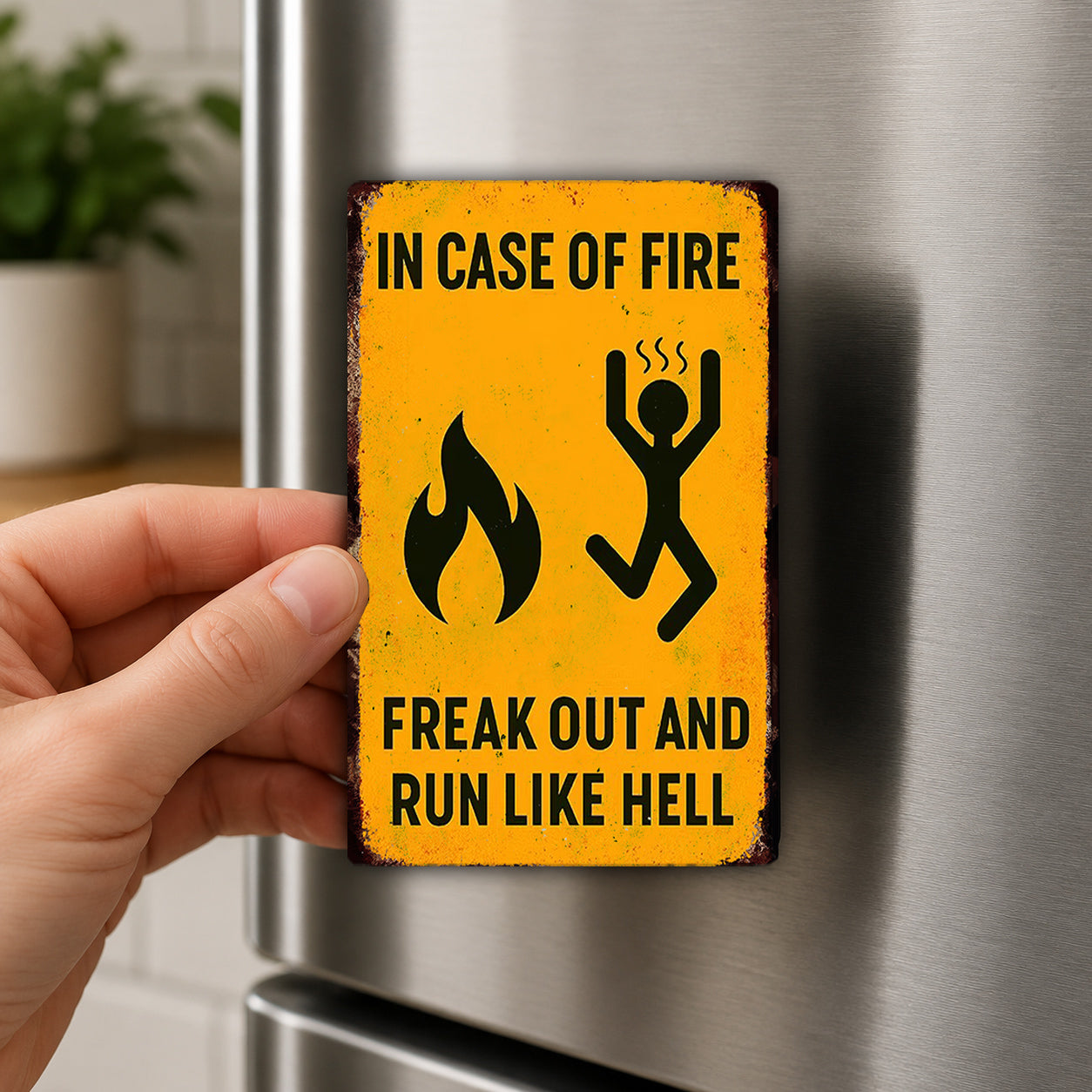 A person's hand is holding a yellow sign with a fire symbol and a jumping figure, which appears to be a humorous warning about fire hazards.