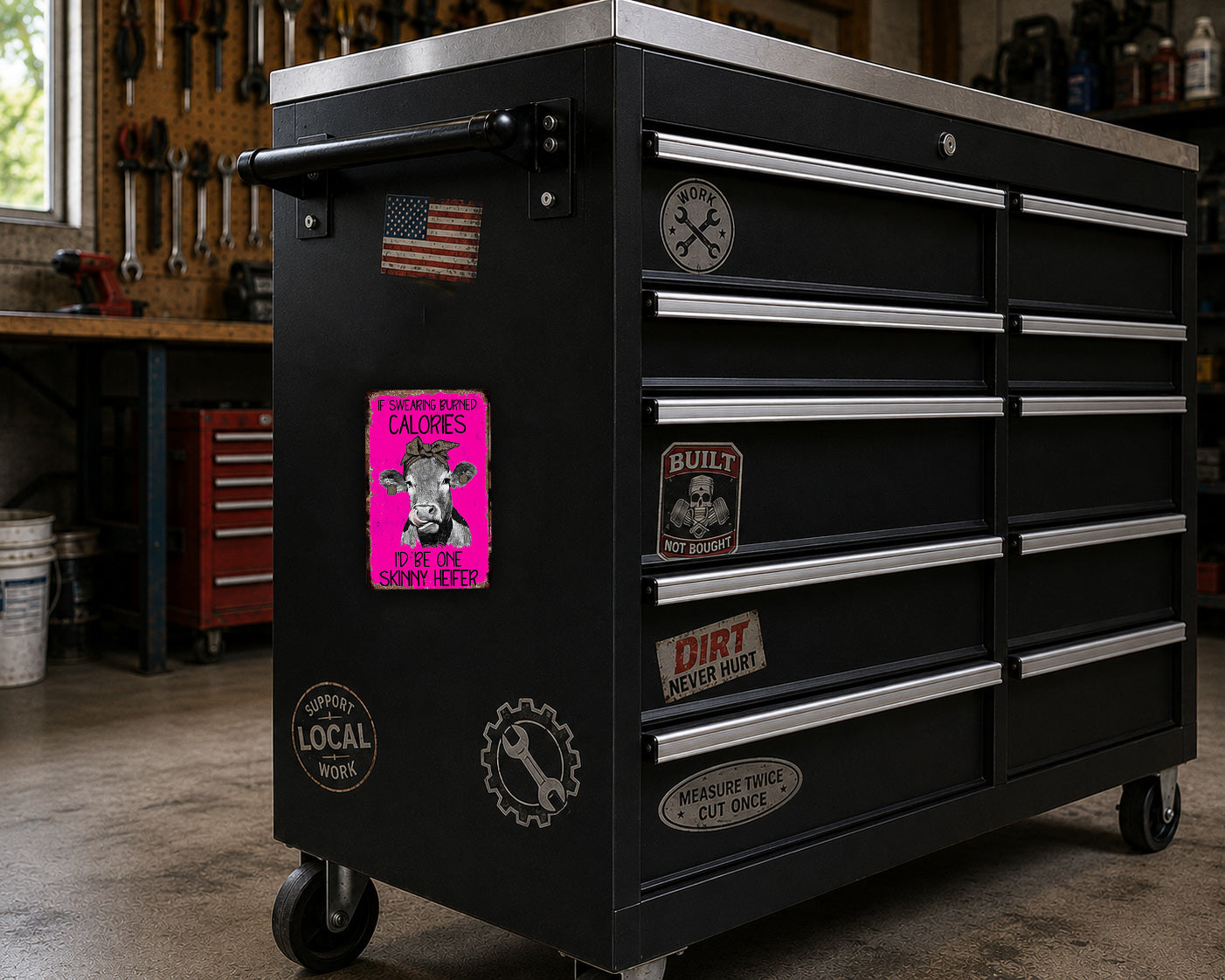 A black workbench with various stickers and labels on it, including a pink sticker with a cow and a black sticker with a skull and crossbones.