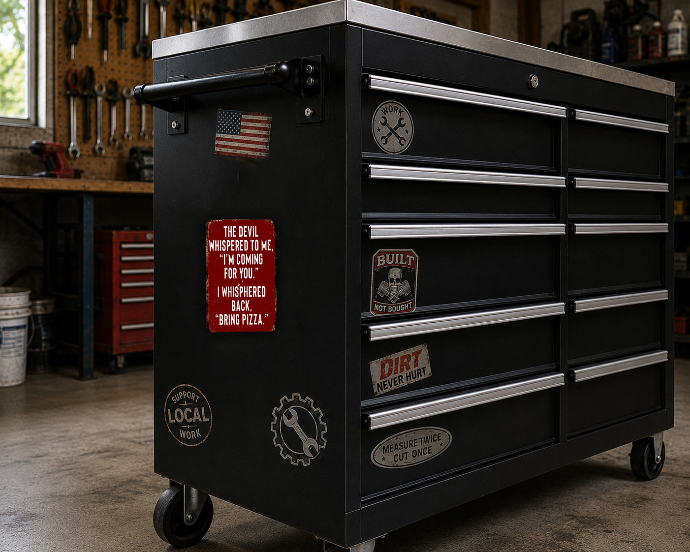 A black workbench with various stickers and labels on it, located in a workshop setting.
