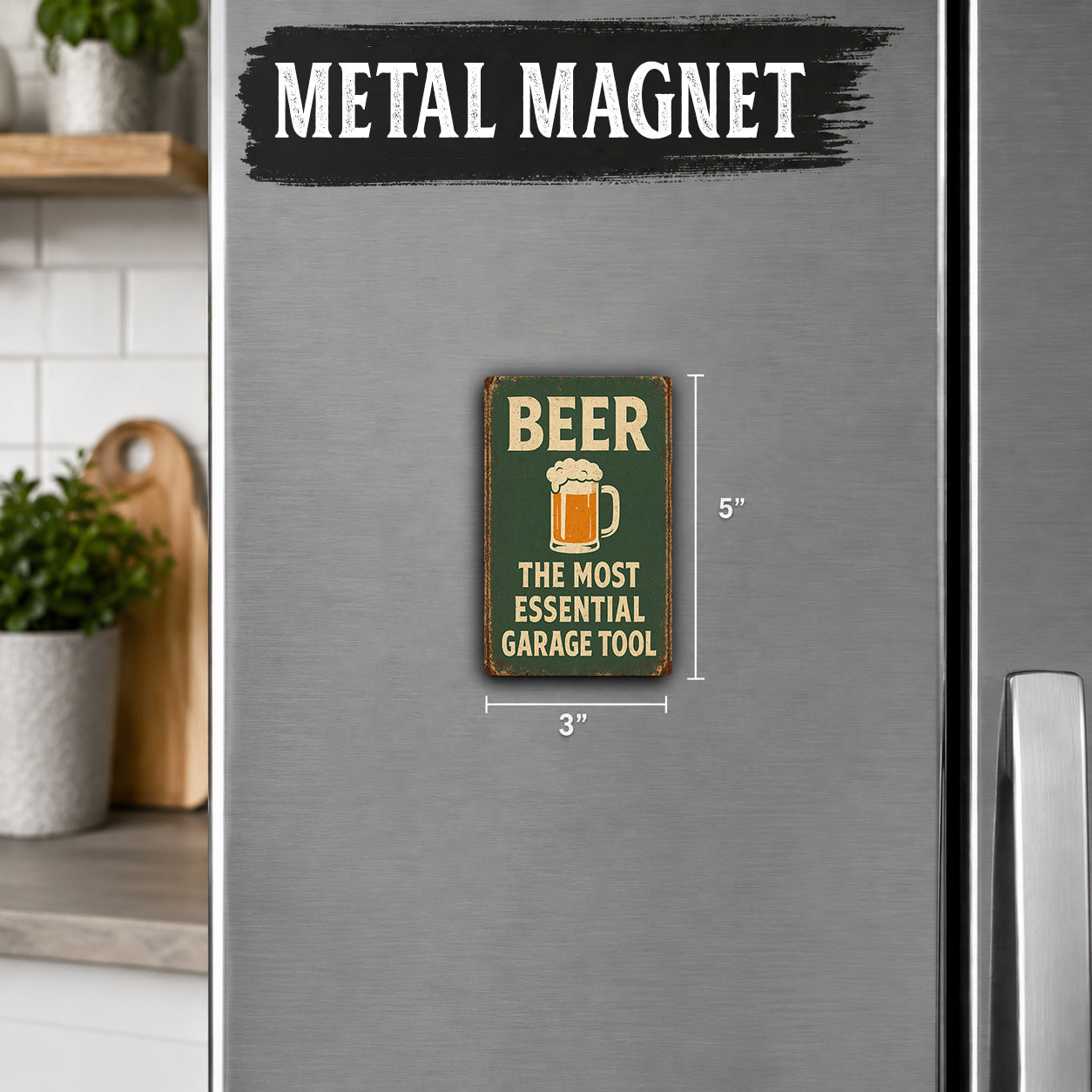 a small, vintage-style beer magnet on a refrigerator.