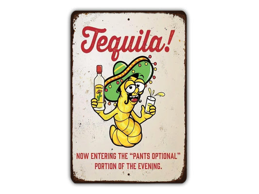 a sign with a cartoon character holding a bottle of tequila