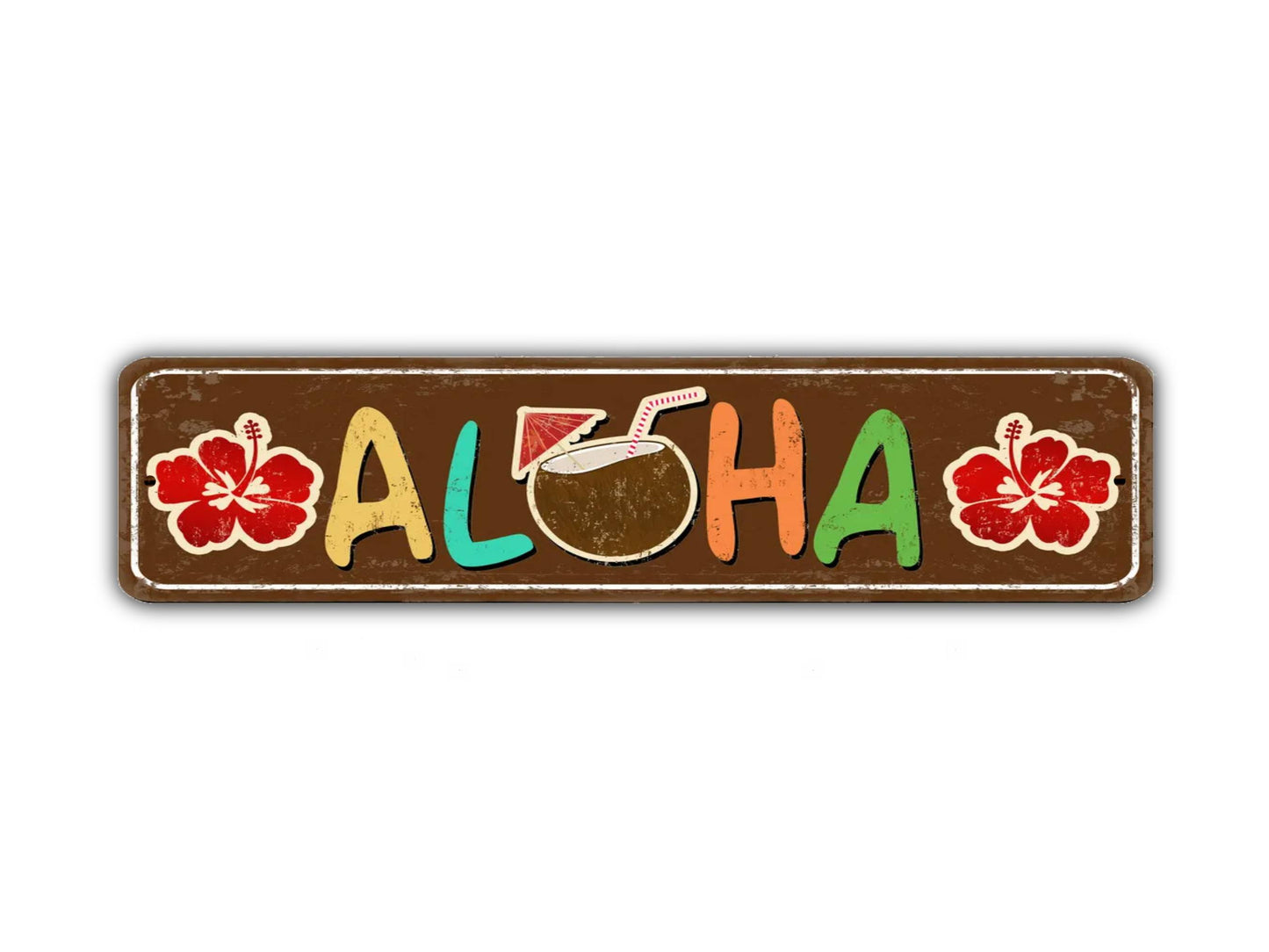 Aloha Street Sign Coconut Flowers Hawaii Vintage Style