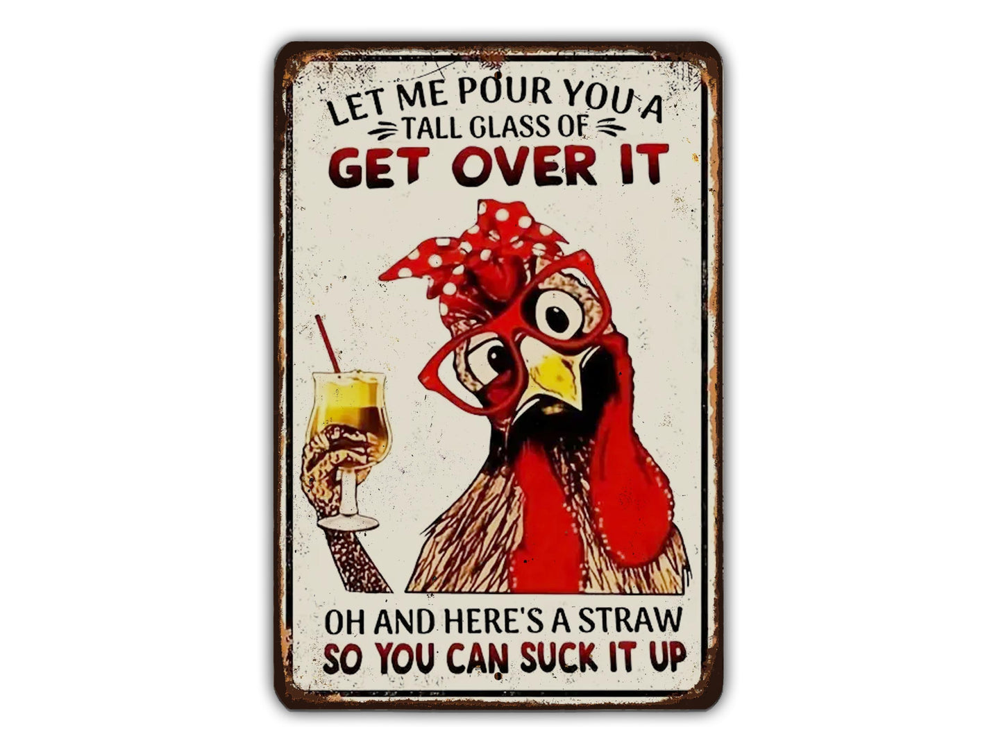 a metal sign with a rooster holding a drink