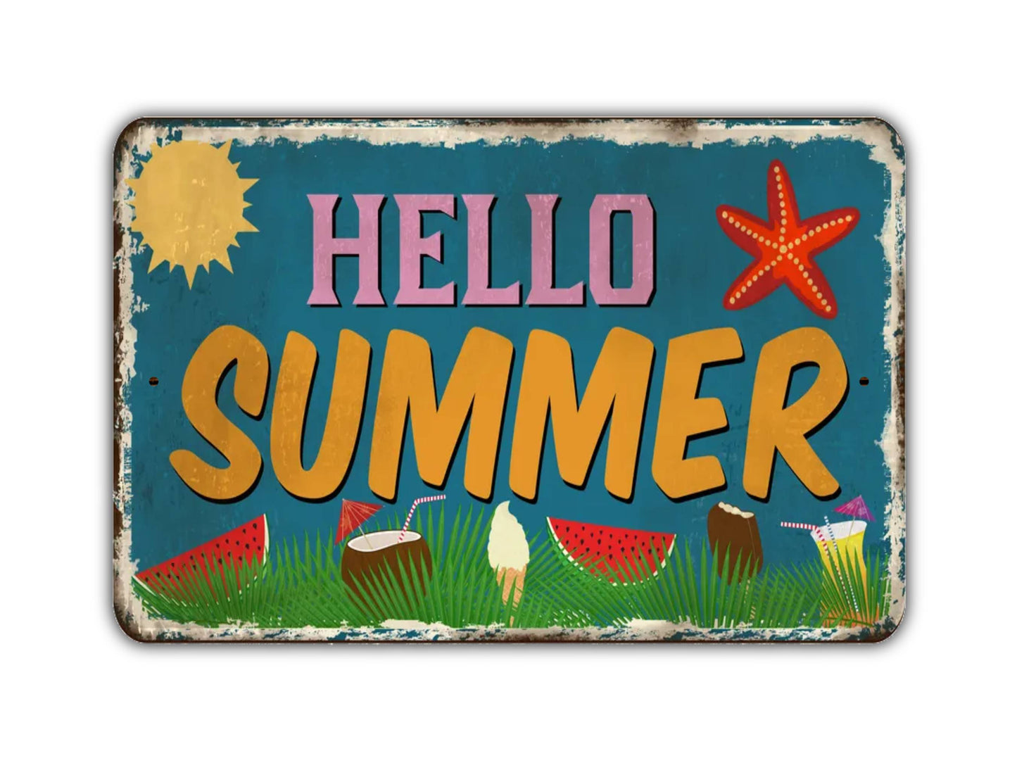 Hello Summer Sign Vacation Break Vintage Style