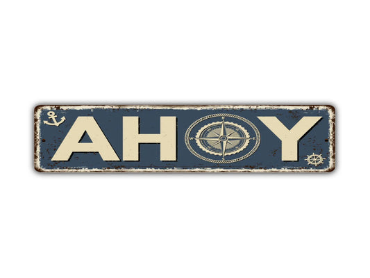 Ahoy Street Sign Fishing Reel Sea Life Vintage Style