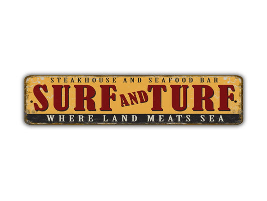 Surf And Turf Street Sign Where Land Meats Sea Vintage Style