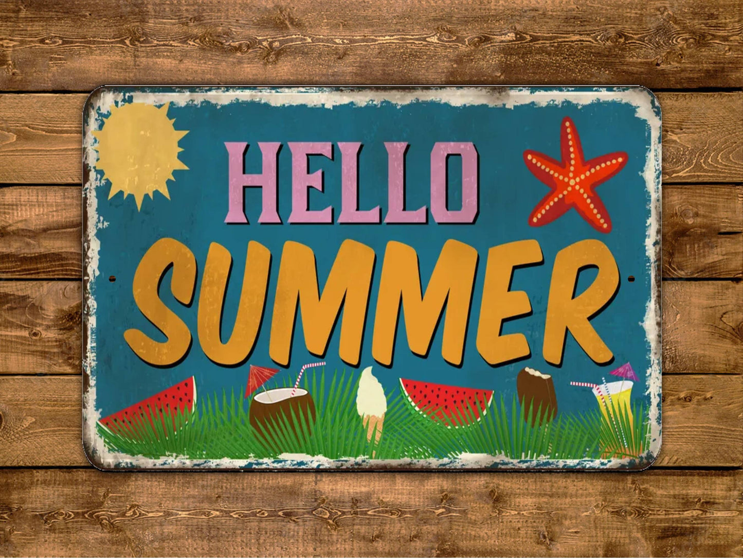 Hello Summer Sign Vacation Break Vintage Style