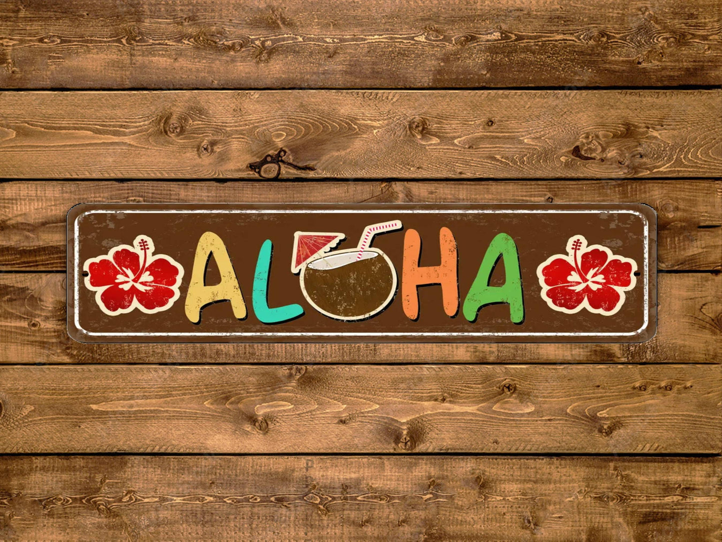 Aloha Street Sign Coconut Flowers Hawaii Vintage Style