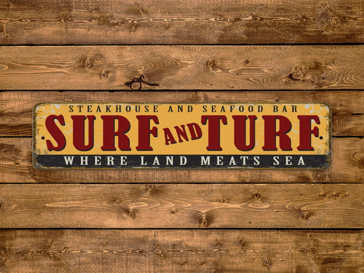 Surf And Turf Street Sign Where Land Meats Sea Vintage Style