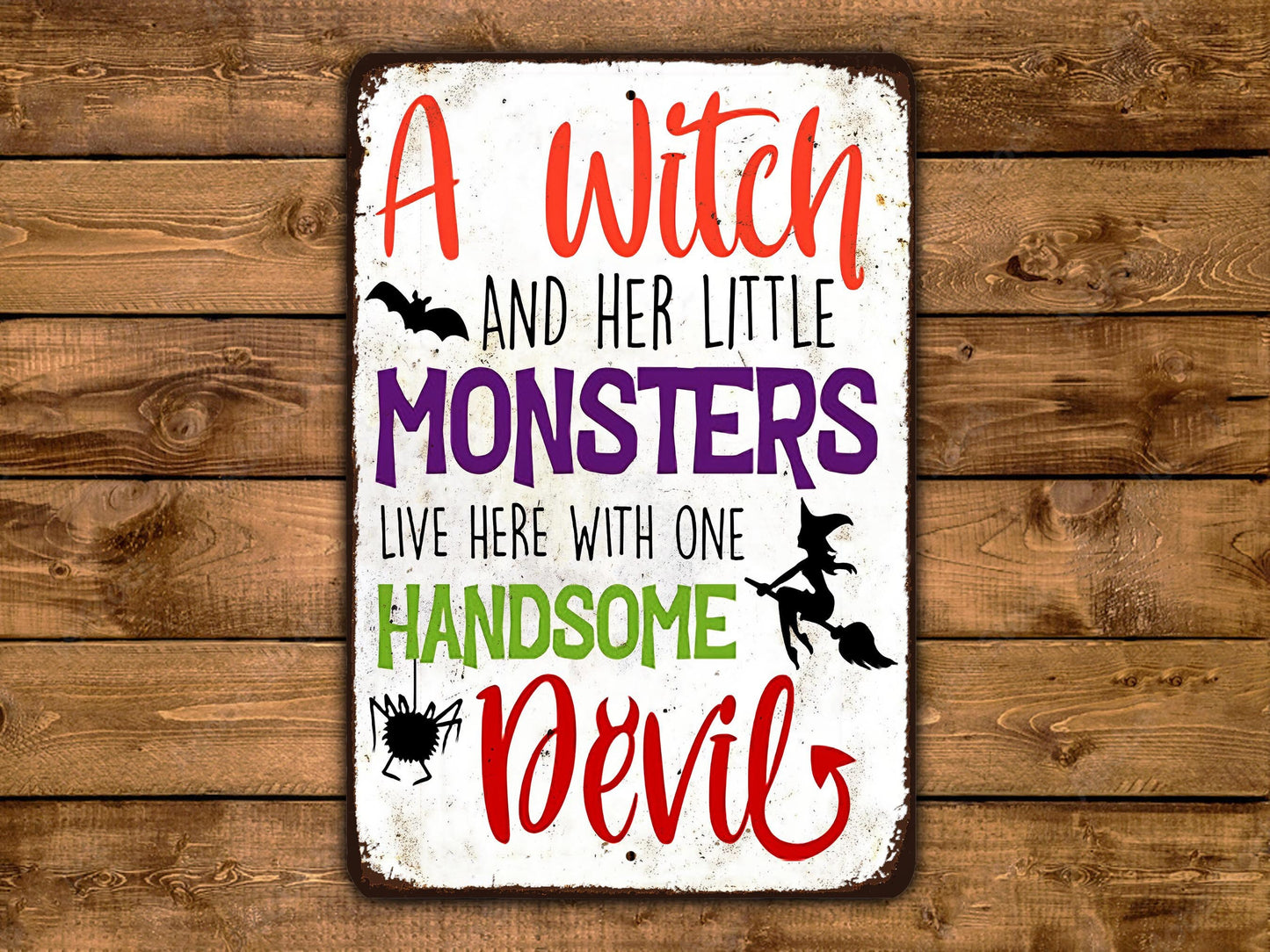 A Witch And Her Little Monsters Vintage Style Halloween Sign