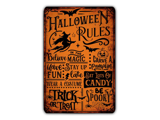 Halloween Rules Sign Pumpkin Magic Spooky Candy Trick Treat Costume Vintage Retro Rustic Patio Home Décor Gift Metal Print Present