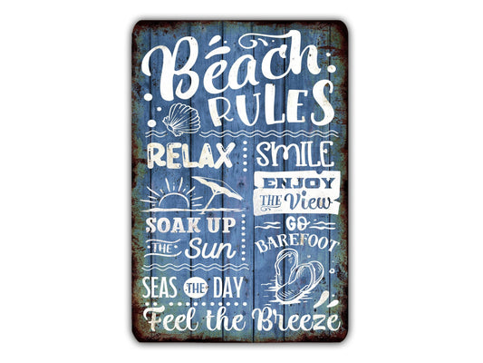 Beach Rules Sign Relax Smile Enjoy Sun Barefoot Breeze Vintage Retro Rustic Patio Home Décor Gift Metal Print Present