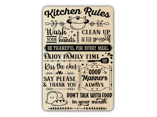 Kitchen Rules Sign Wash Hands Kiss Chef  Please Thank You Enjoy Food Family Time Rustic Patio Home Décor Gift Metal Print Present