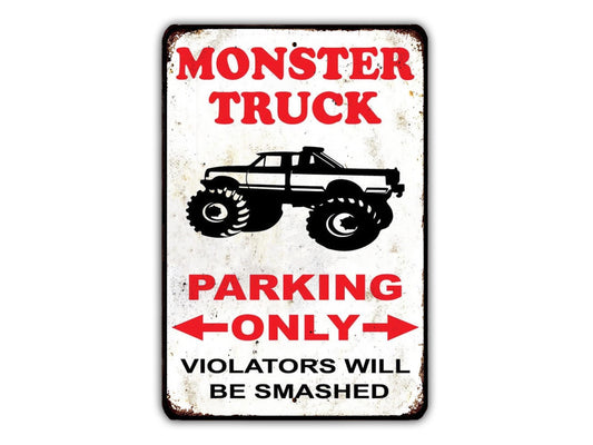 a monster truck parking only sign on a white background