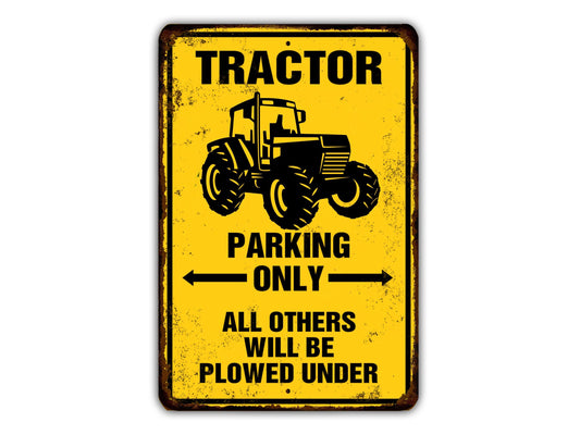 a yellow tractor parking only sign on a white background